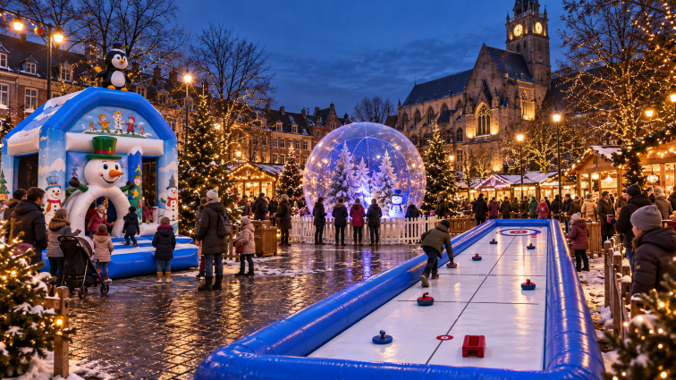 Winterplein met winterse attracties